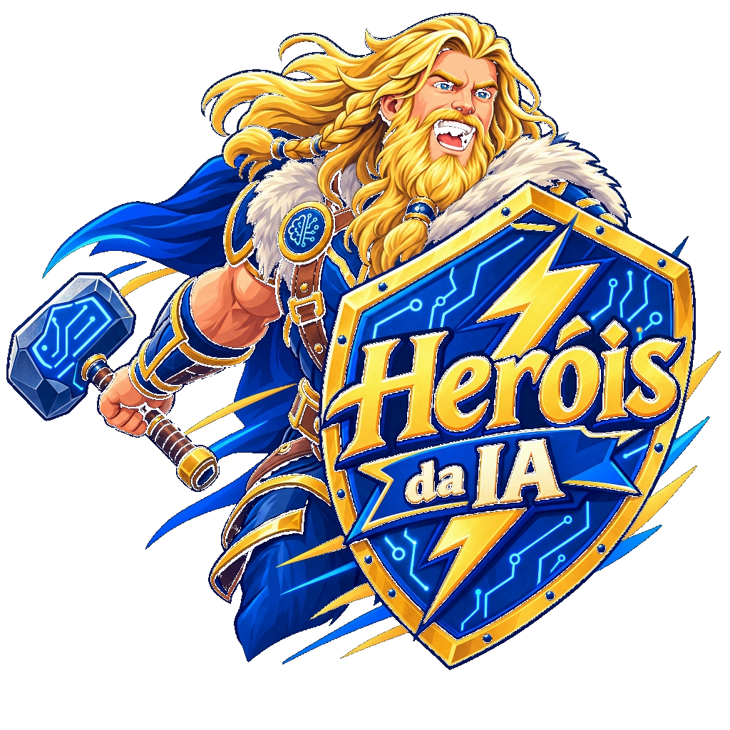 Logotipo Heróis da IA — Escudo Dourado e Herói da Inteligência Artificial